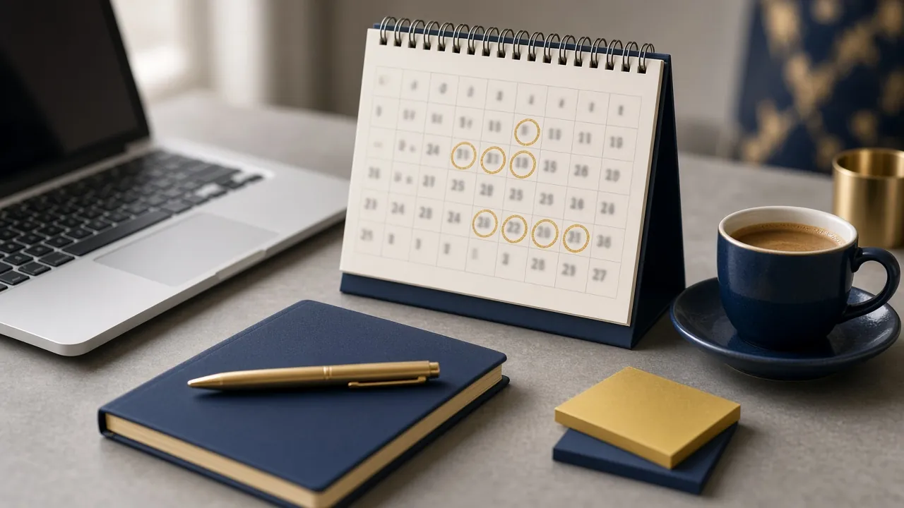 Calendar with tax return deadlines and accounting documents