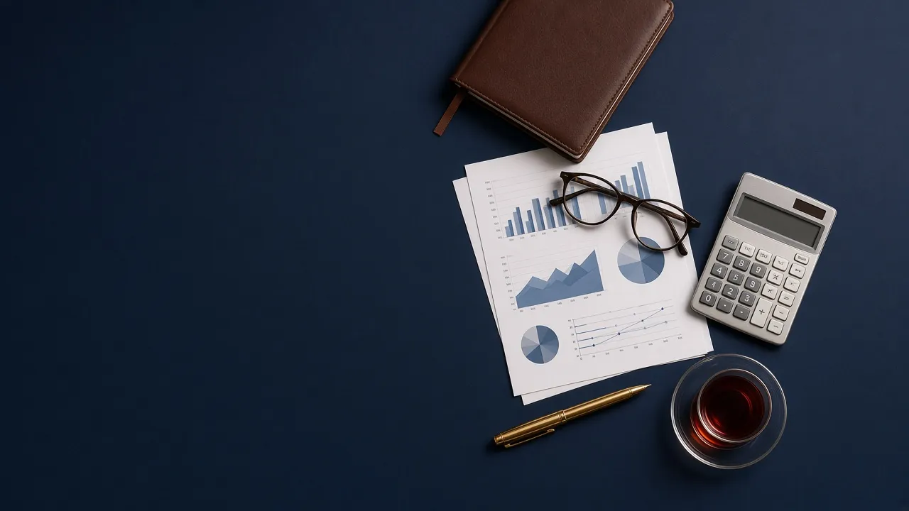 Financial statements, calculator and fountain pen