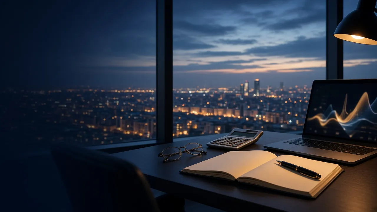 Desk with calculator and ledger overlooking Ankara at dusk