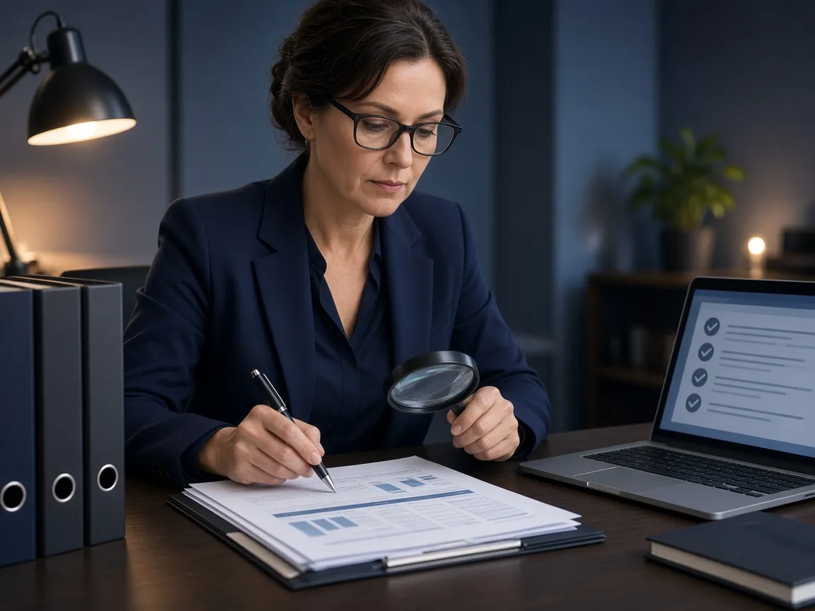 Auditor checking financial statements with a magnifier