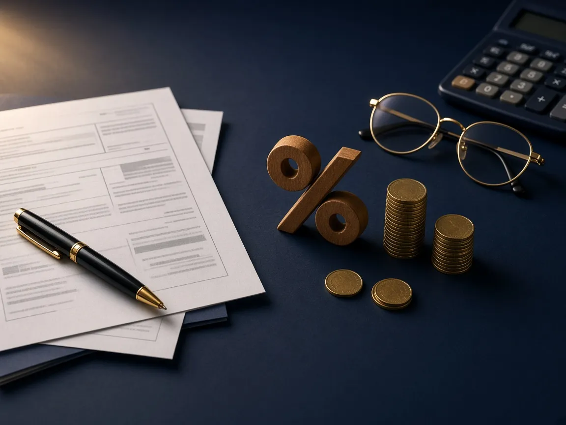 Tax return, percent sign and coins